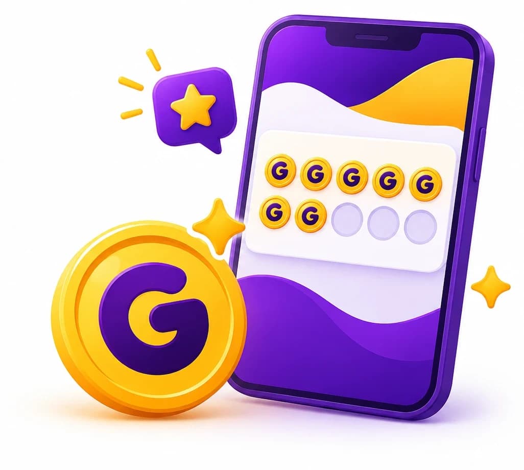 Celular mostrando um cartão fidelidade digital com carimbos em forma de moeda, ao lado da moeda dourada do Gling e de uma notificação de recompensa