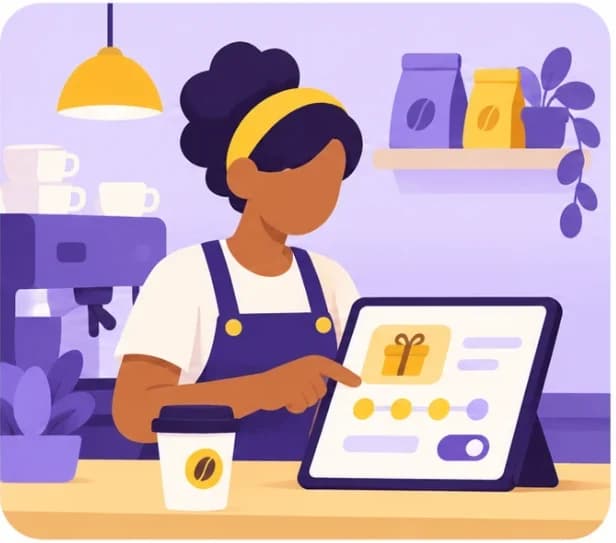 Dona de cafeteria no balcão configurando um programa de fidelidade em um tablet