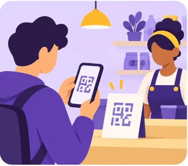 Cliente no balcão apontando o celular para o QR Code do estabelecimento