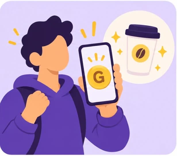 Cliente feliz mostrando no celular a moeda do Gling, com um café de recompensa ao lado